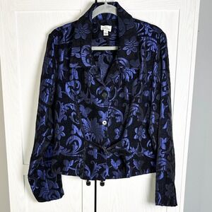 Vintage 90s Gail Morgado Womens Blue Black Floral Damask Brocade Blazer size L